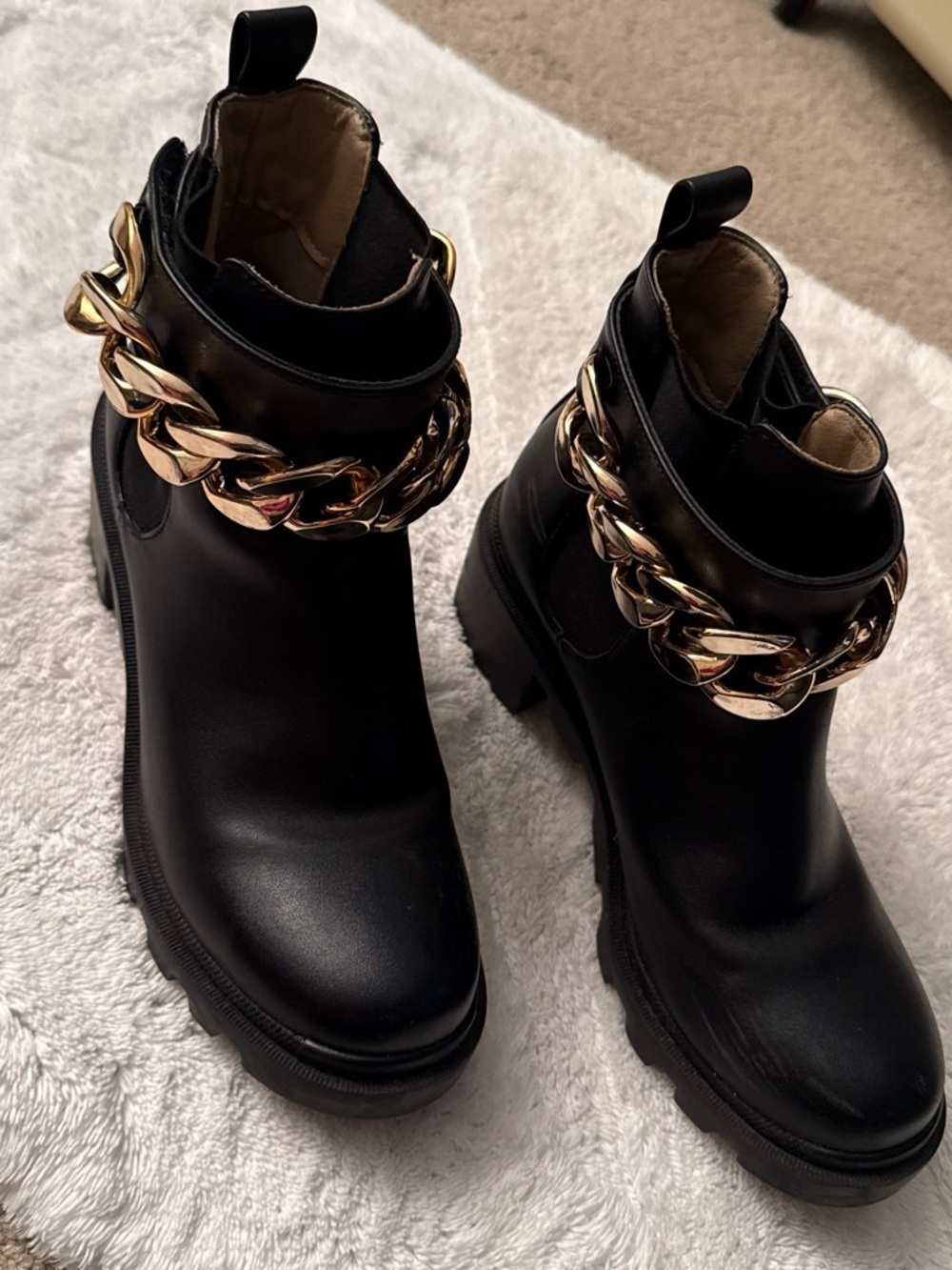 Steve Madden Black Ankle Boots with Gold Chain Detail